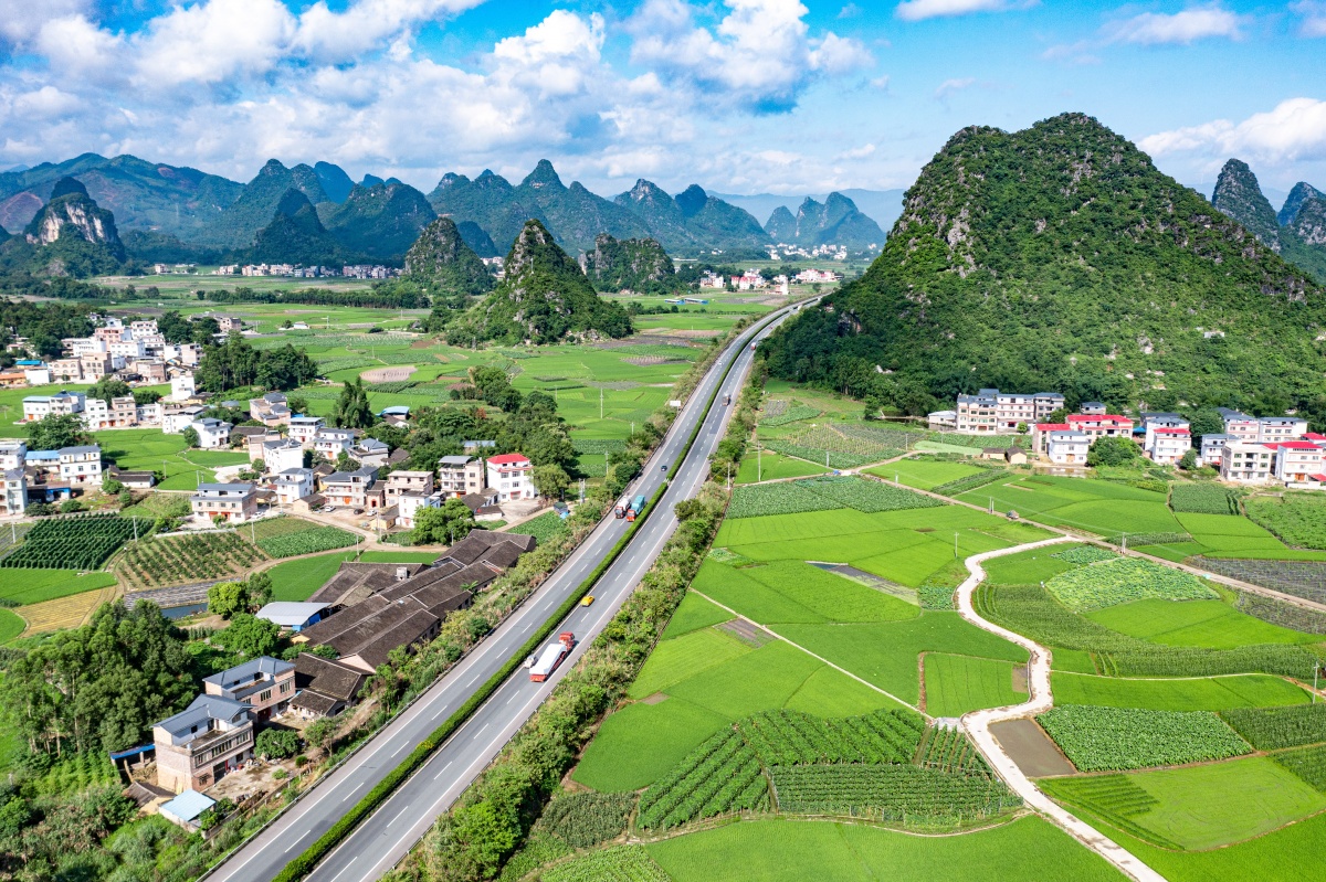 5月27日,在贺州市平桂区鹅塘镇,农田里的农作物长势喜人,与远处的山峰