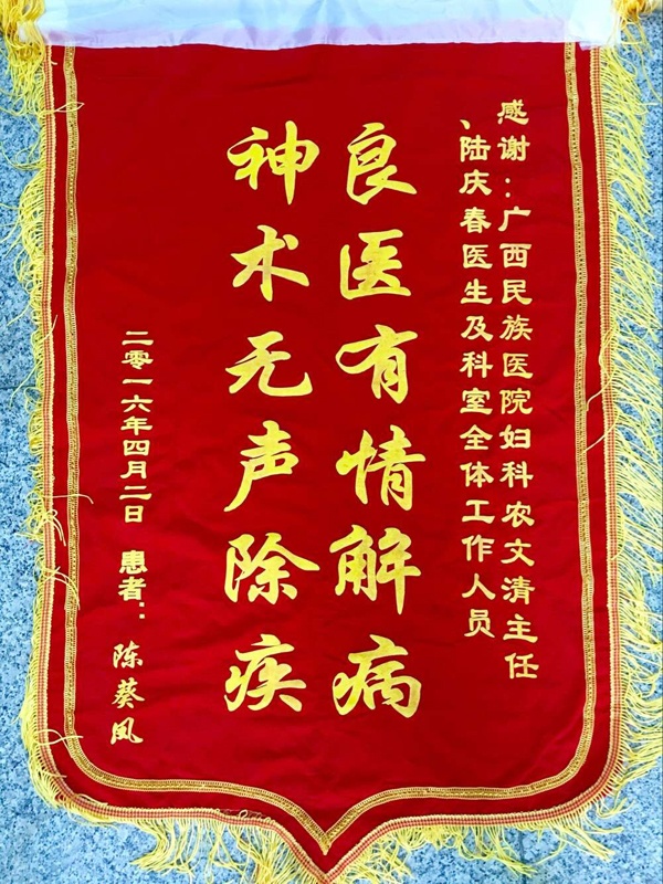 [弘揚(yáng)醫(yī)德之錦旗篇]我院婦科農(nóng)文清主任,、陸慶春醫(yī)生及全體醫(yī)護(hù)人員獲贈錦旗