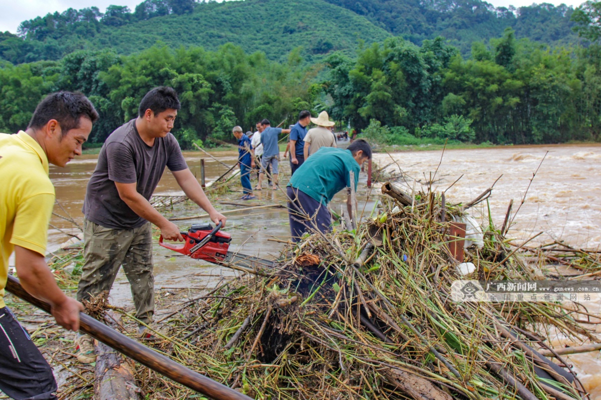 6月19日,在蒙山县黄村镇新开村,党员干部群众正加紧清理堵塞防洪堤的