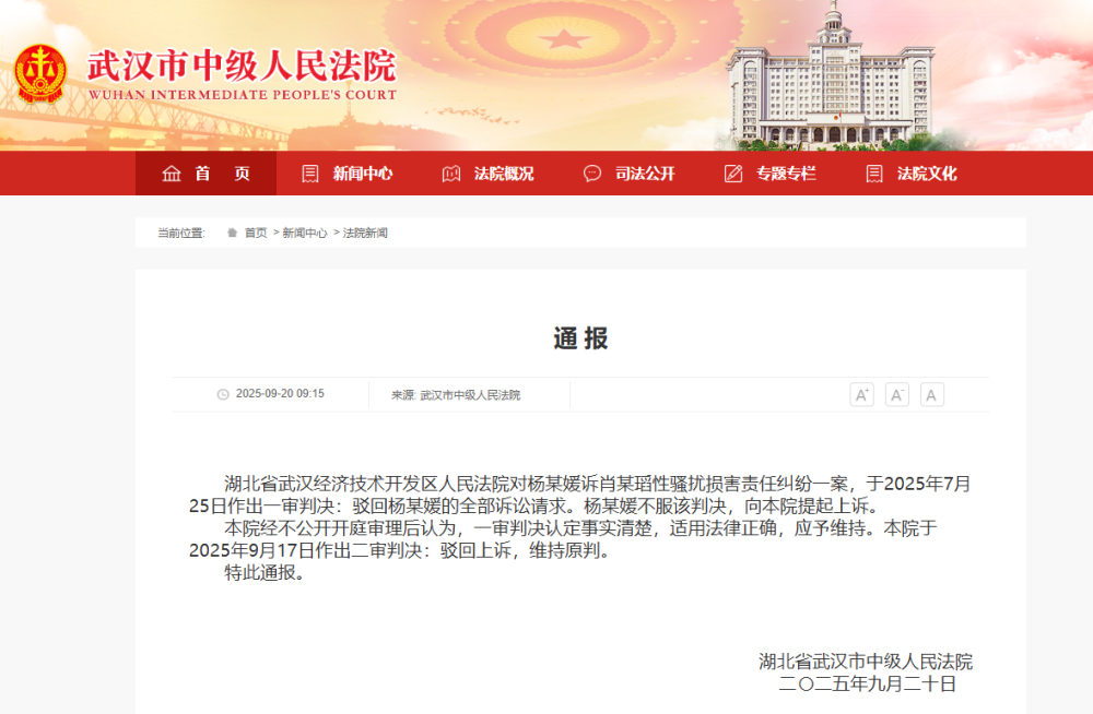 武汉中院作出二审判决：驳回杨某媛的上诉，维持原判